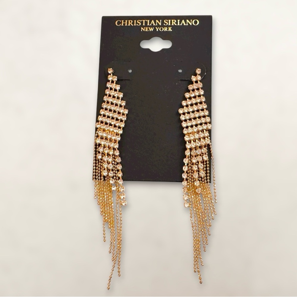 Christian Siriano Rhinestone Mesh and Chain Fringe Gold Dangle Formal Earrings